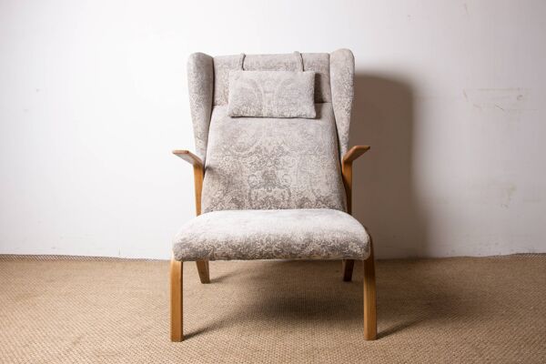 Fauteuil haut en Hêtre courbé et tissu récent modèle Konkav par Paul Bode pour Federholz.