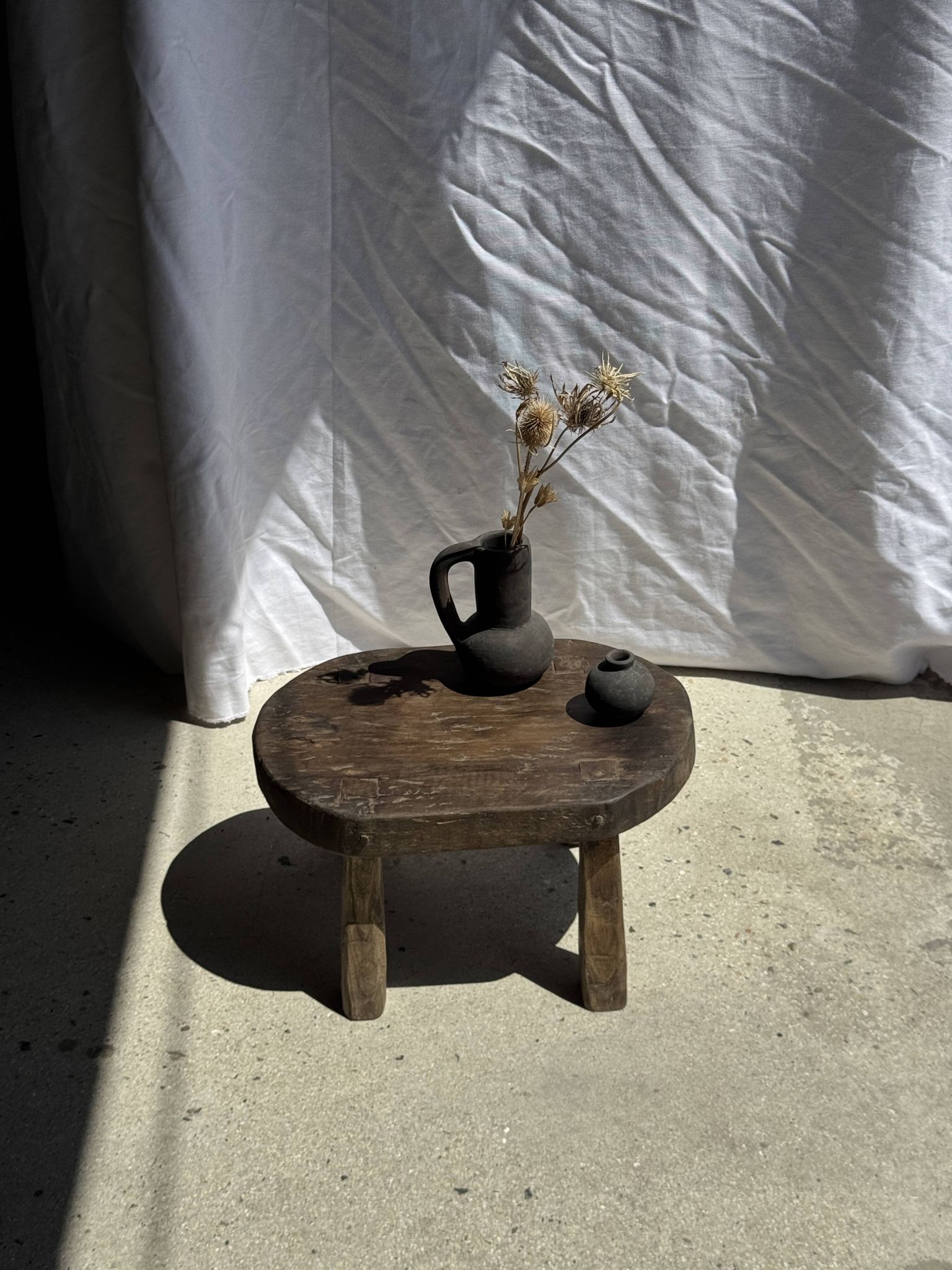 Small stool, oval solid teak accent stool wabi-sabi H26 47x33.