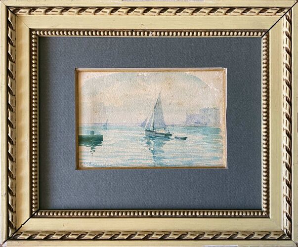 Tableau aquarelle marine "voilier sortant du port" signée + cadre 1900