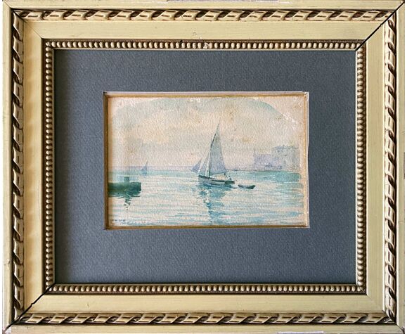 Tableau aquarelle marine "voilier sortant du port" signée + cadre 1900