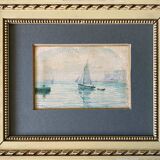 Watercolor marine painting "sailboat leaving the port" signed + frame 1900