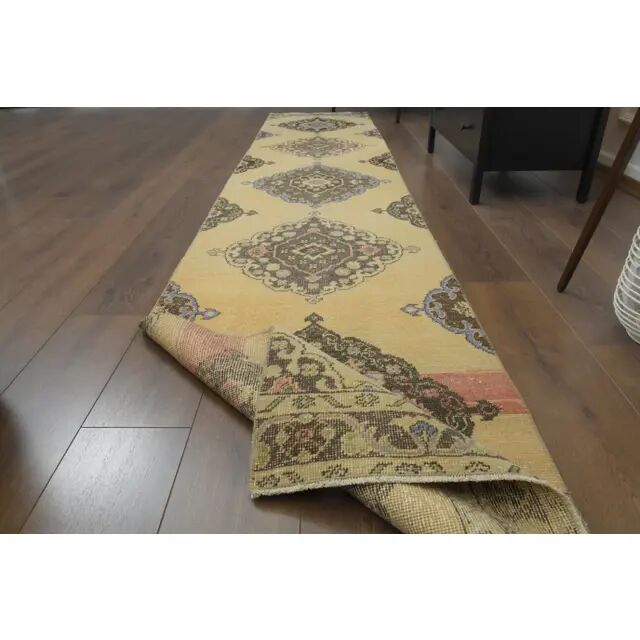 1970s Vintage Turkish Hand-Knotted Wool Cotton Yellow Runner Rug  74x383