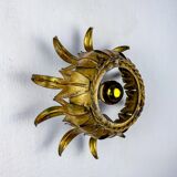 Sunburst ceiling light fixture or sconce in gilt wrought iron, Spain, 1960s
