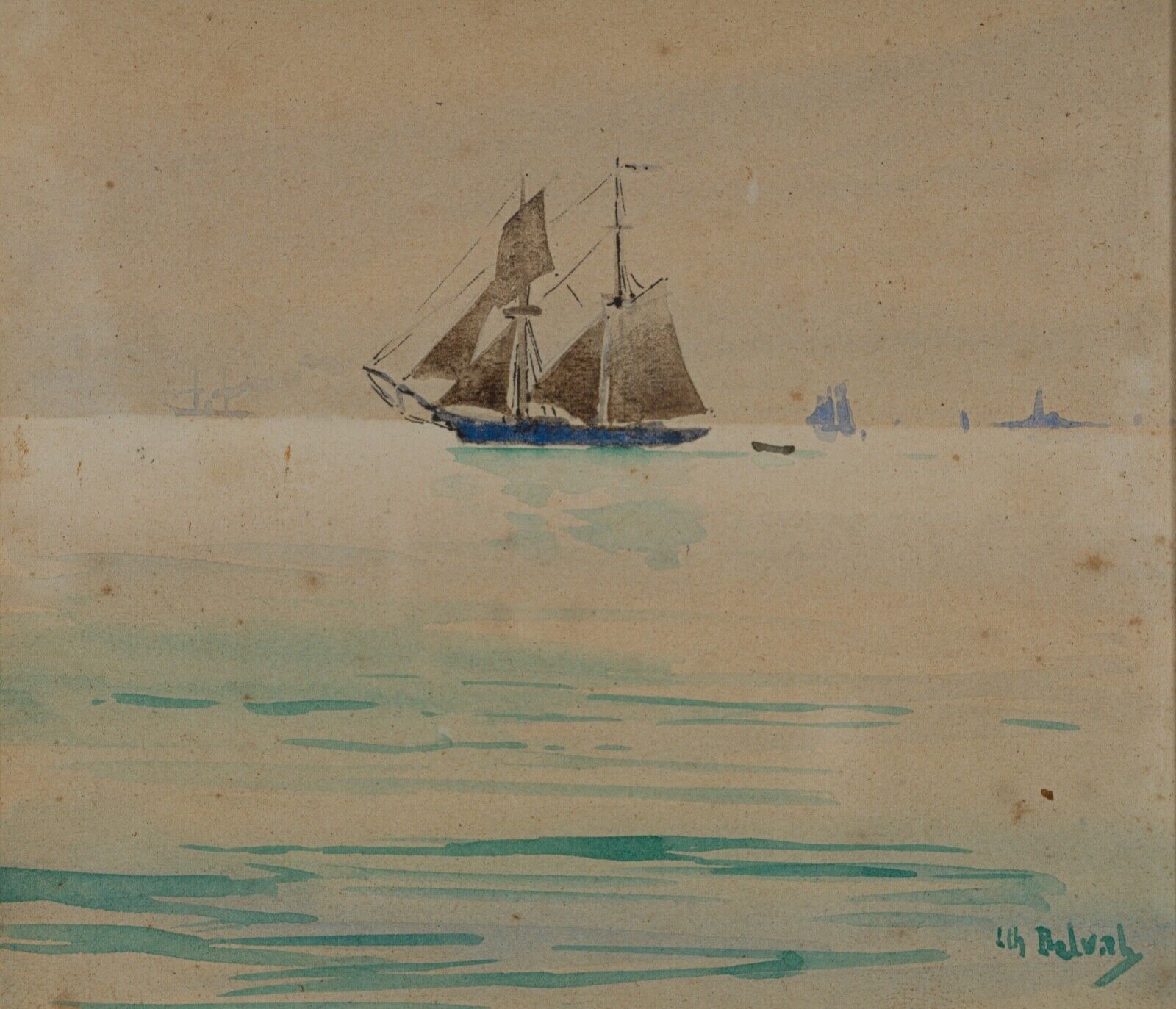 Watercolor on paper by Belval Sailboat 3 masts XXth