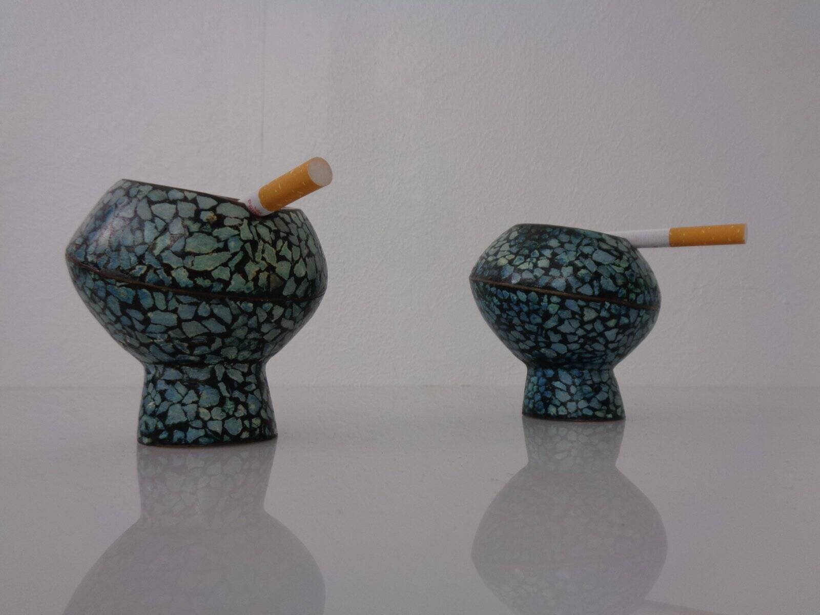 Vintage Indian Copper & Turquoise Stone Ashtrays, 1960s, Set of 2