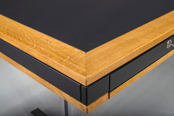 Bureau moderne du milieu du siècle en chêne et chrome avec plateau en cuir, années 1980