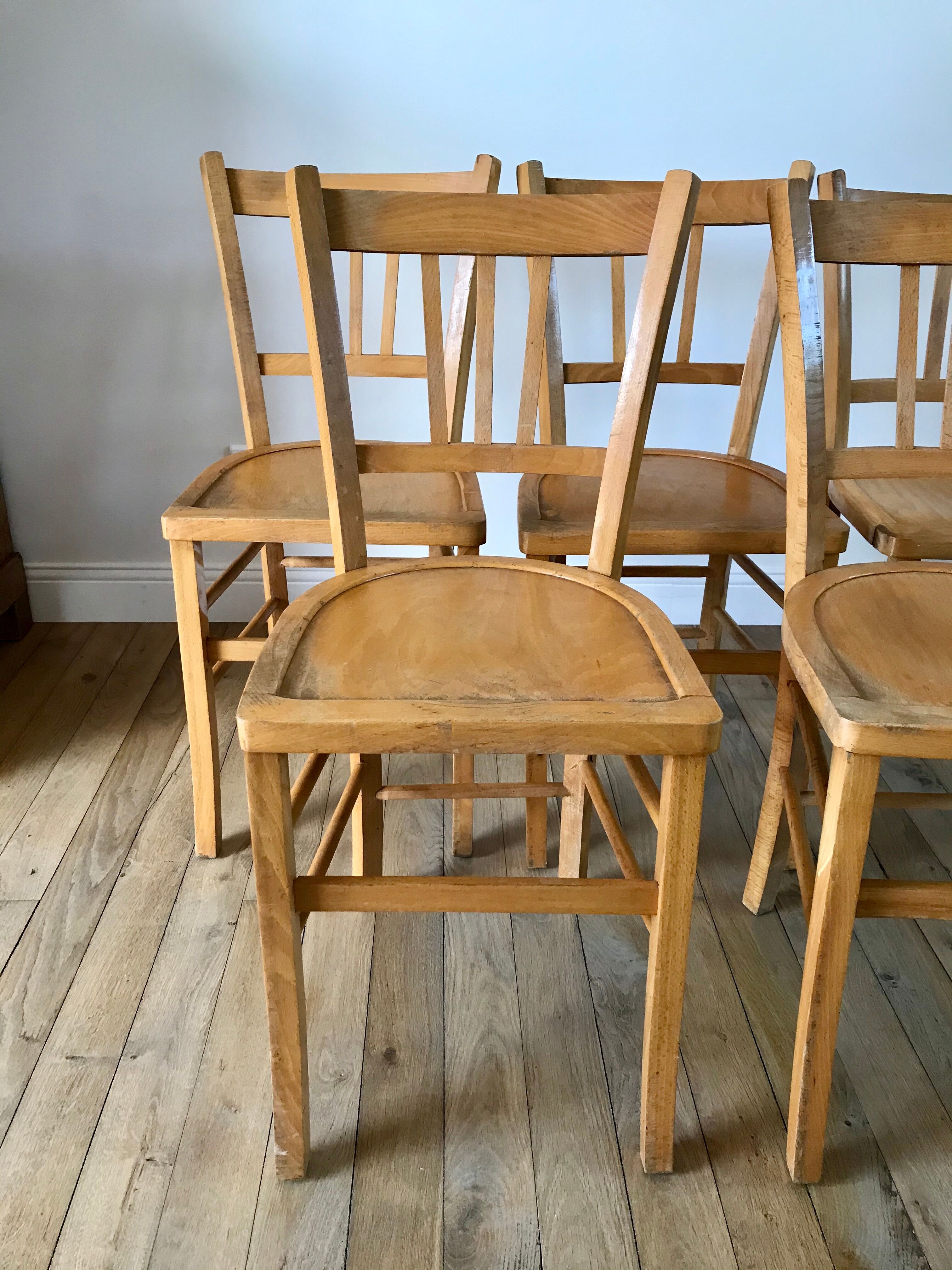 Set of 5 Luterma light blond wood bistro chairs from the 50s