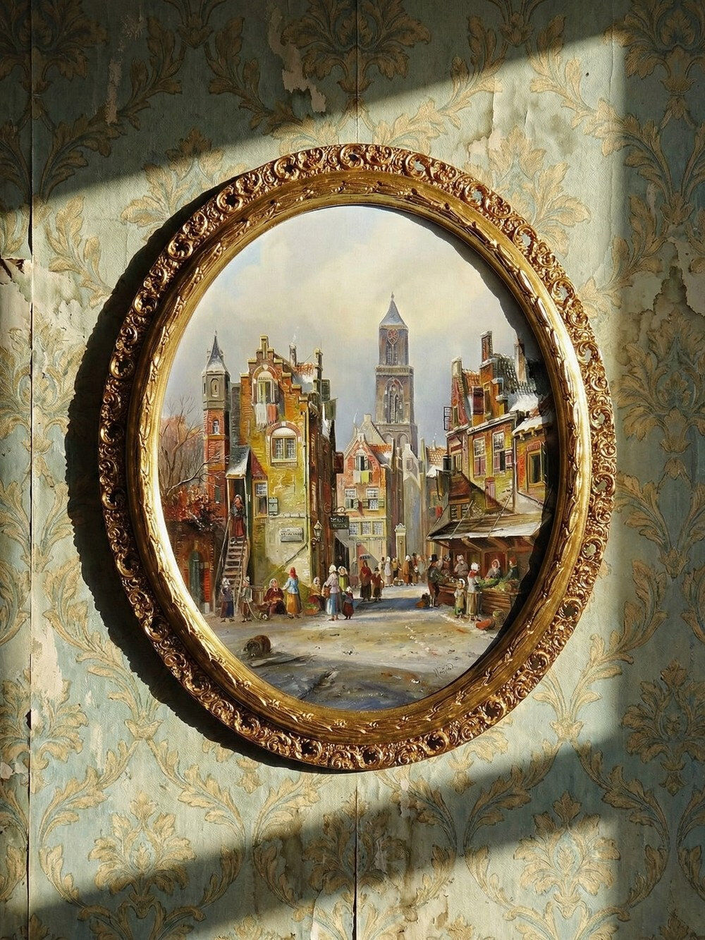 Large painting of an urban scene, oil on wood, framed, John Haanstra, vintage.