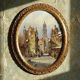 Large painting of an urban scene, oil on wood, framed, John Haanstra, vintage.