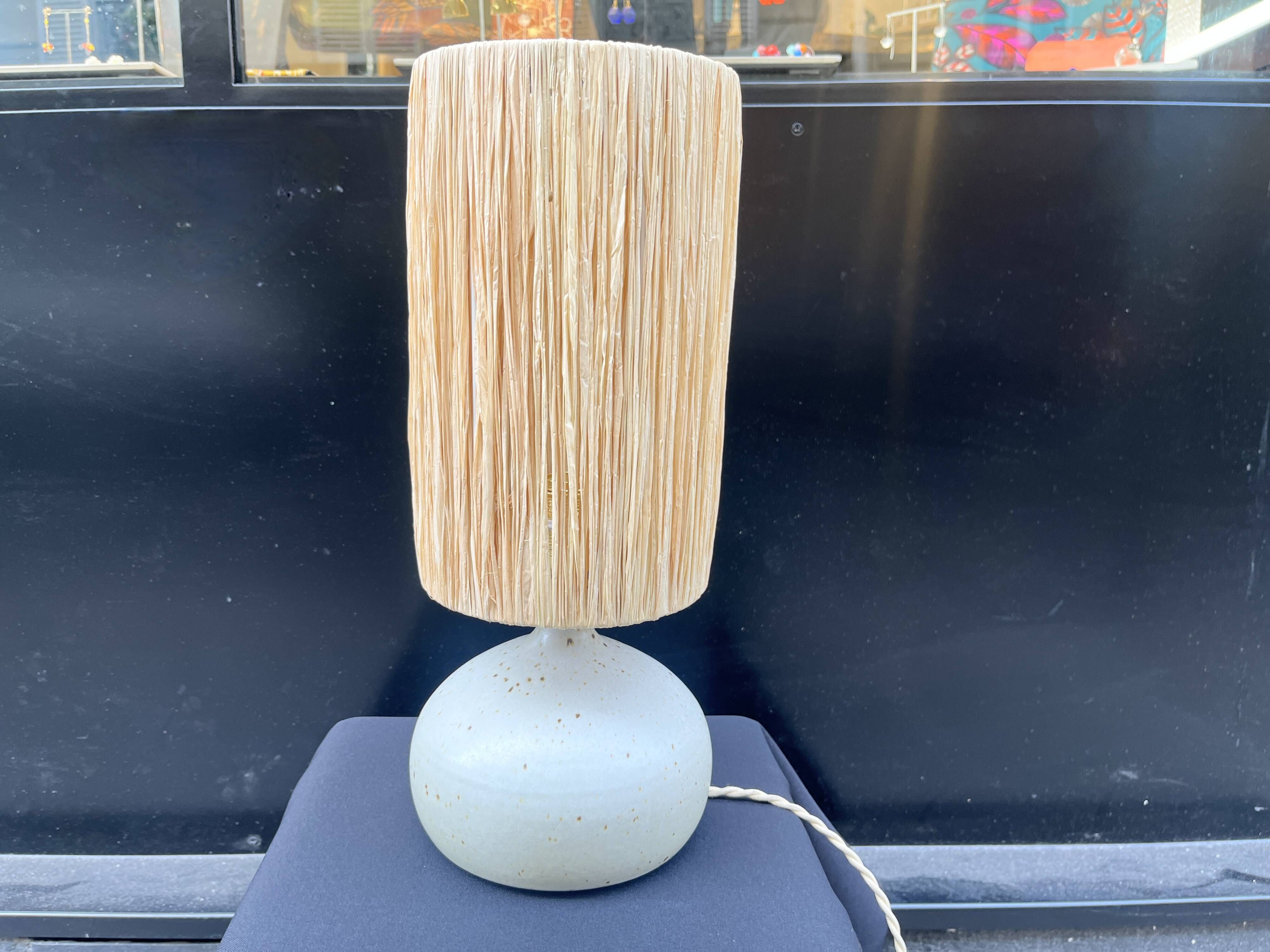 Vintage lamp base in beige-grey ceramic stoneware with raffia lampshade, 1970s