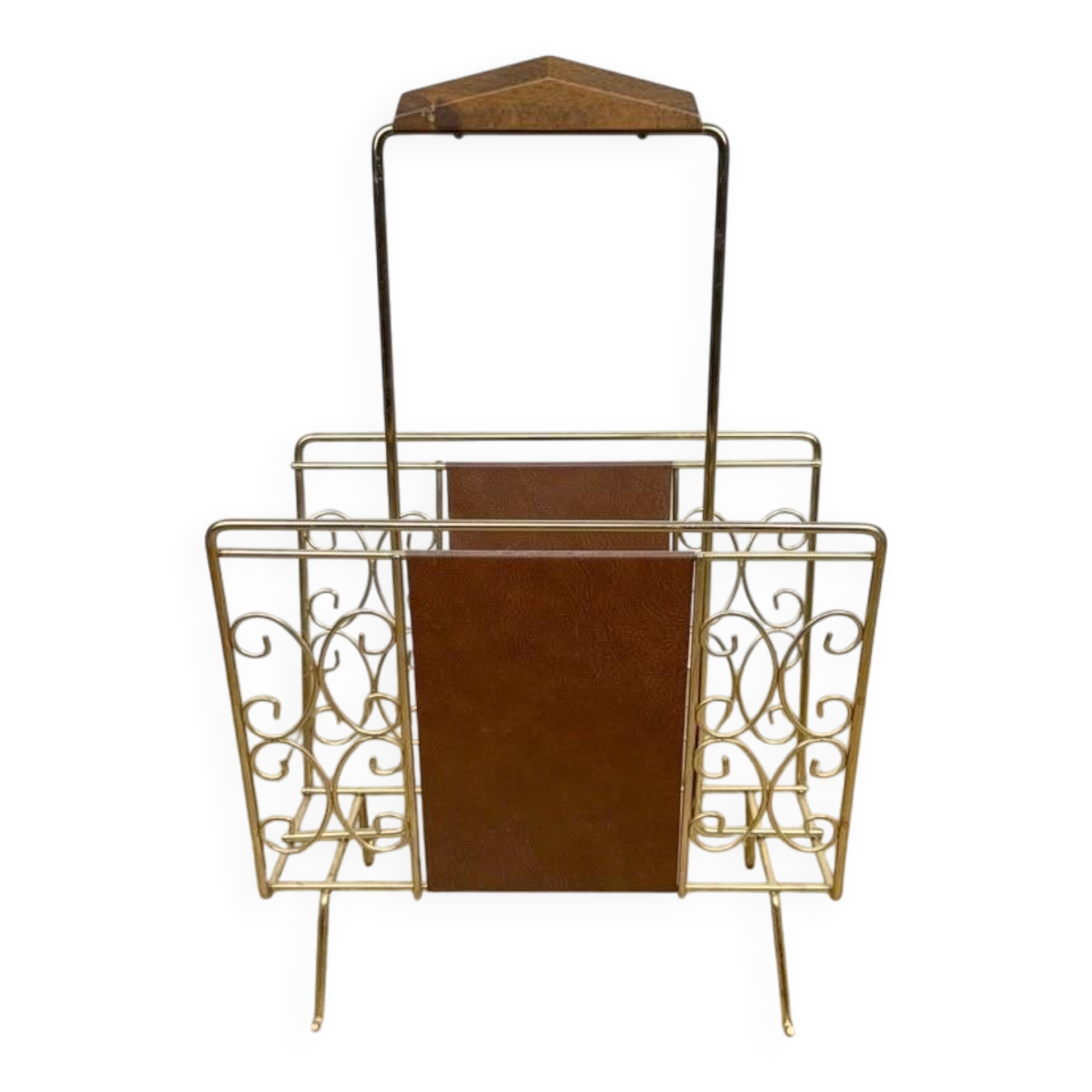 1960s faux leather and brass magazine rack