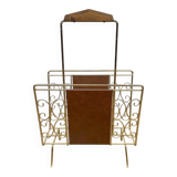 1960s faux leather and brass magazine rack