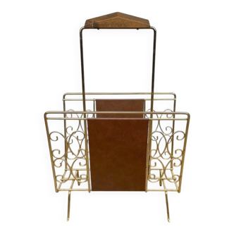 Porte-revues en similicuir et laiton, années 60