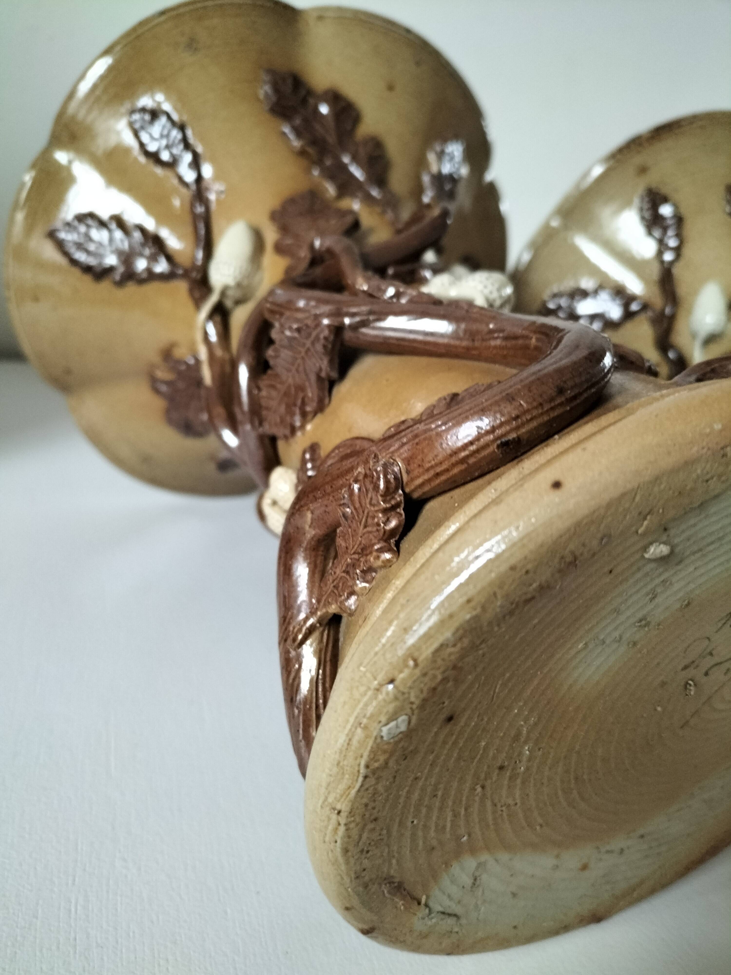 Duo of naturalistic stoneware vases – oak branches & acorns in relief