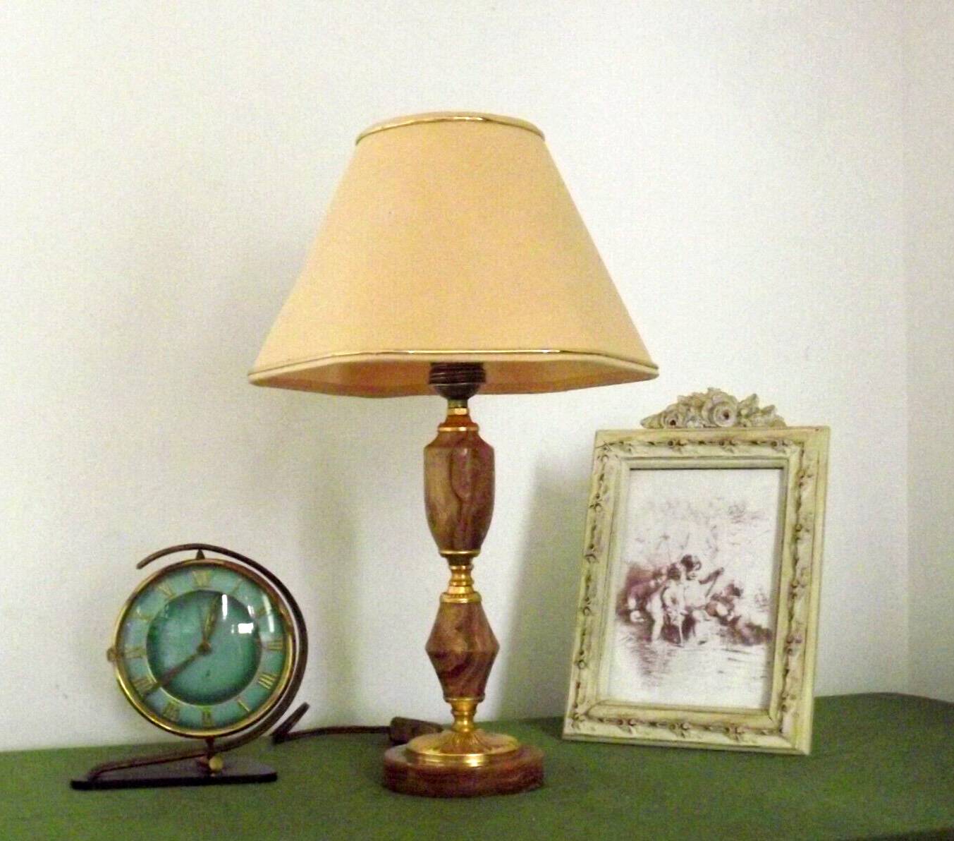 French vintage round brown marble table lamp gold detail beige fabric shade 4059