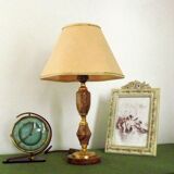 French vintage round brown marble table lamp gold detail beige fabric shade 4059
