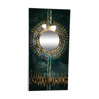 Green and gold laque mirror signed Clémence