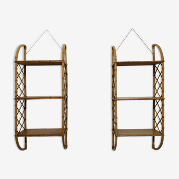 Pair of bamboo and rattan wall shelves from the 60s/70s