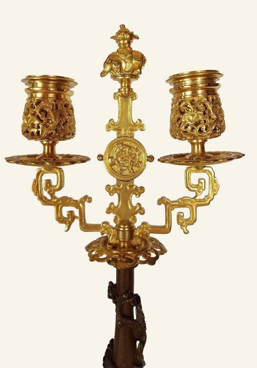 Pair of Japanese-style Candelabra by Ferdinand Barbedienne and Edouard Lievre.
