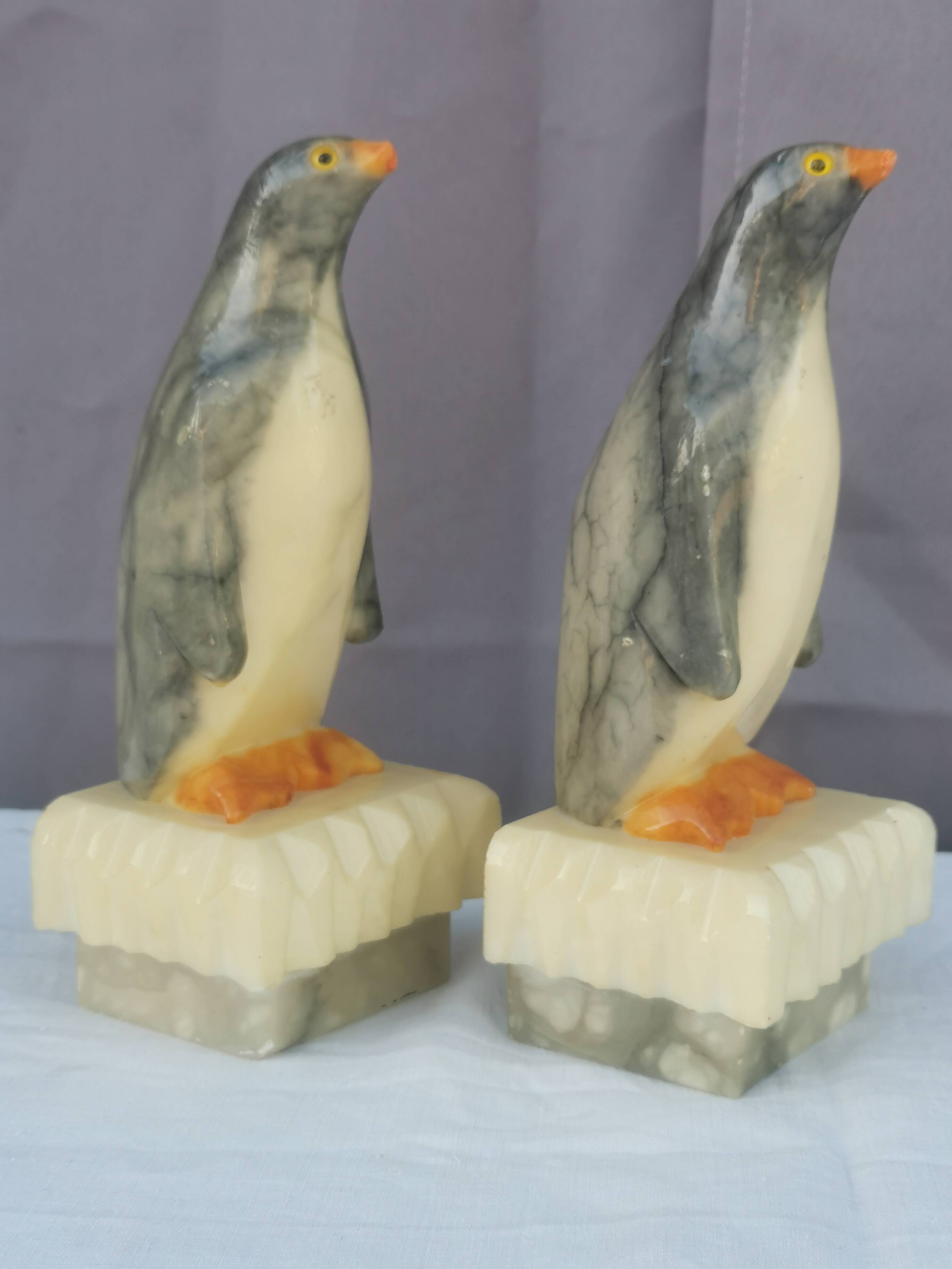 Pair of “penguins” bookends in alabaster