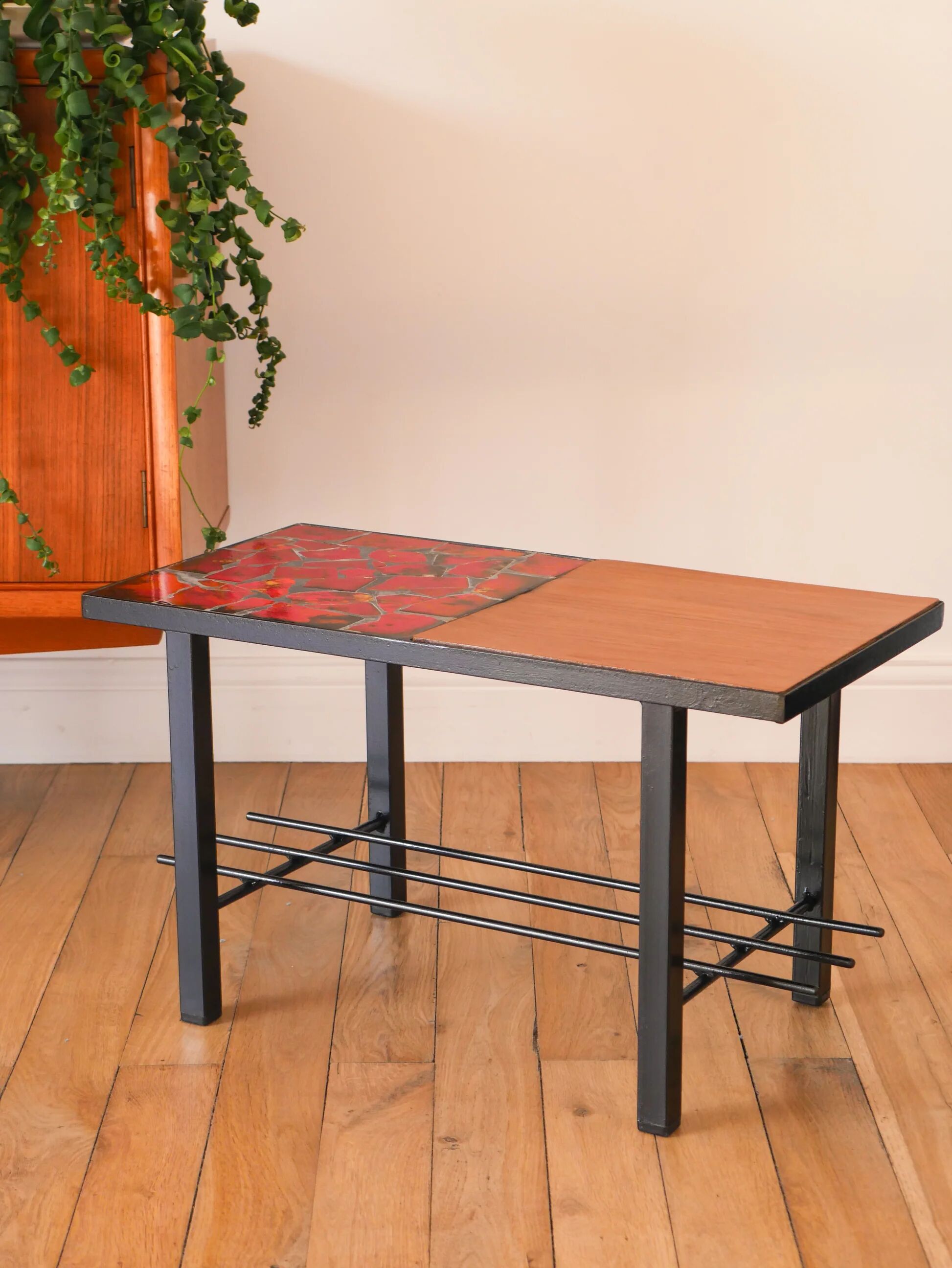 Ceramic coffee table, black iron and ceramic, red, design, 1970