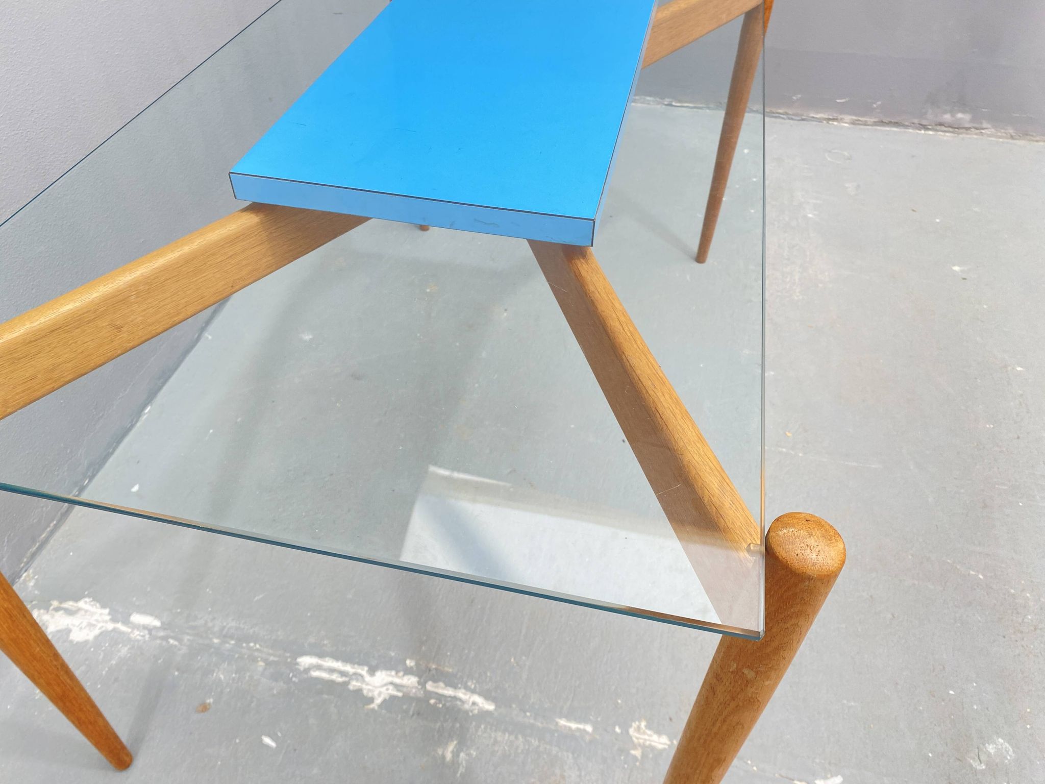 Glass coffee table with a wooden frame, 1960s, Czechoslovakia.