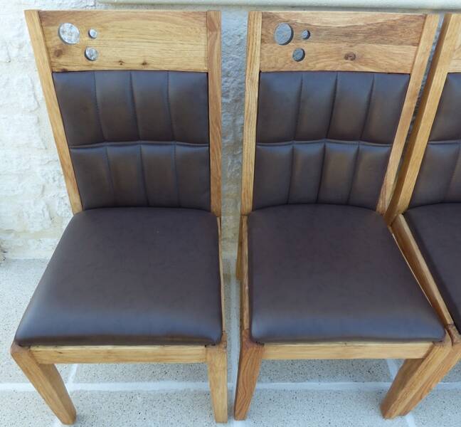 6 High-back chairs in high-quality, plush solid wood with brown faux leather