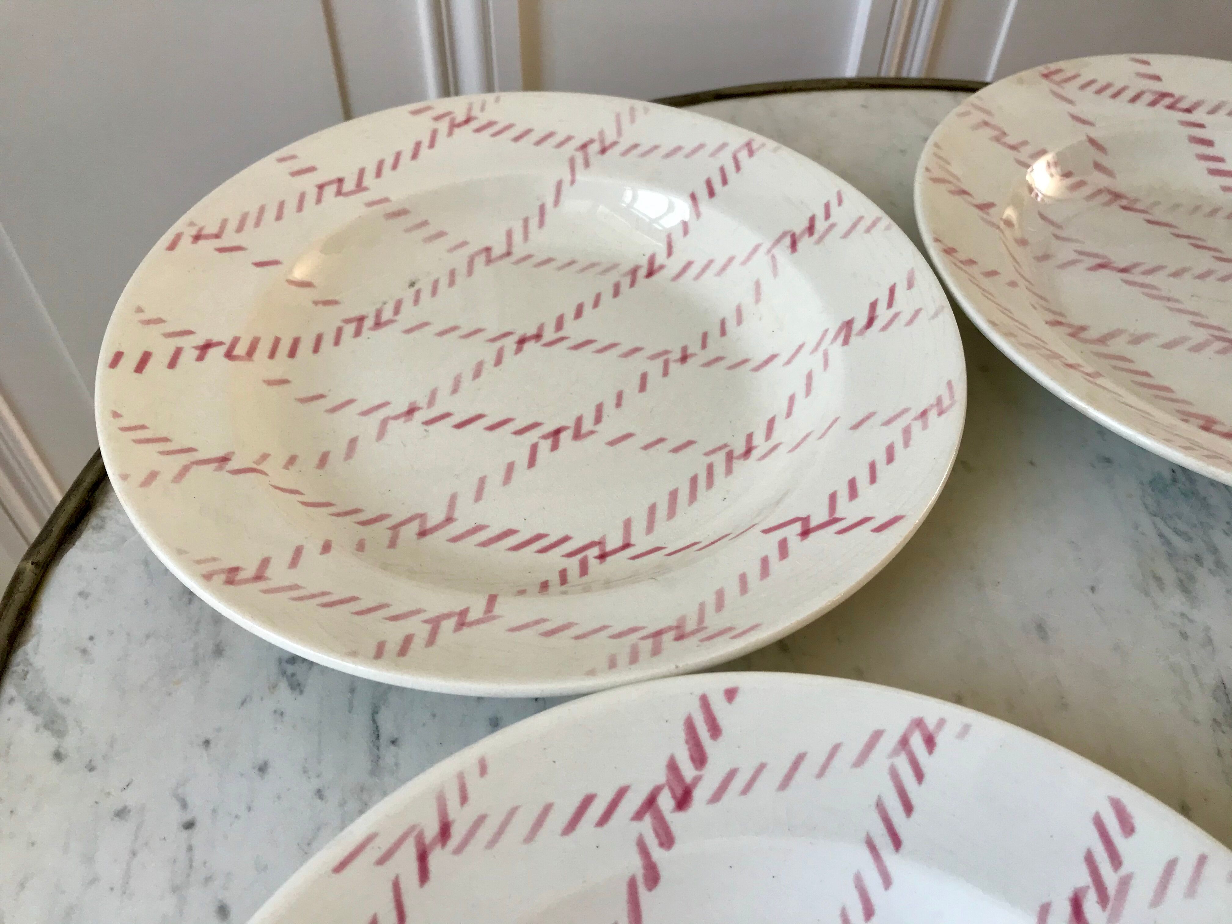 lot de 4 assiettes creuses Badonviller motif corde rose années 30