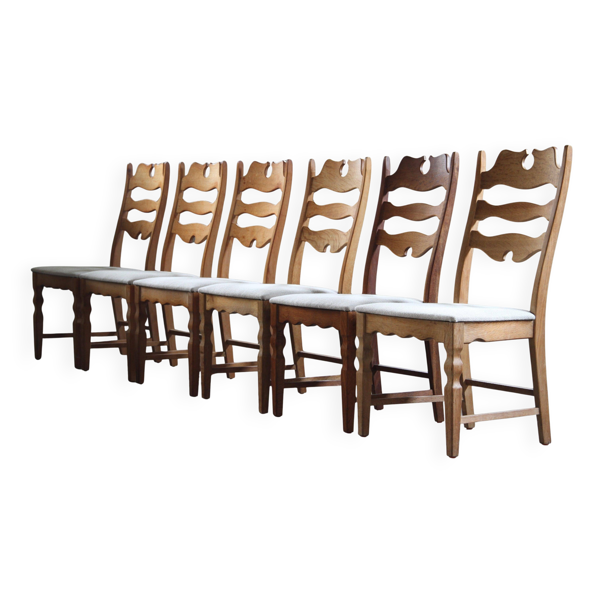 Set of 6 vintage Danish oak razorblade highback chairs by H. Kjærnulf, 1960s
