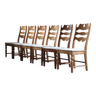 Set of 6 vintage Danish oak razorblade highback chairs by H. Kjærnulf, 1960s