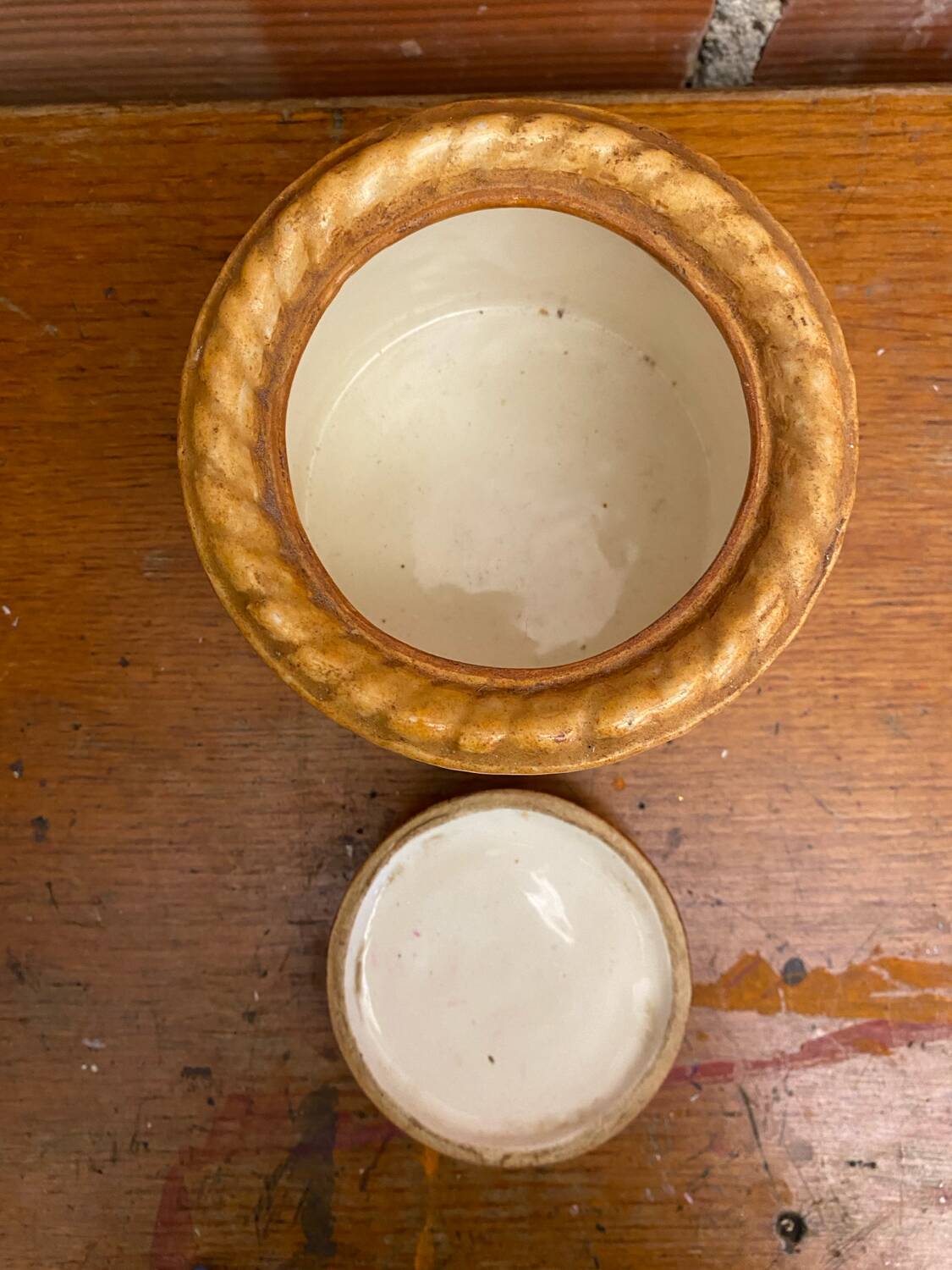 Antique pillivuyt terrine in a pate shape in a vintage porcelain fired crust