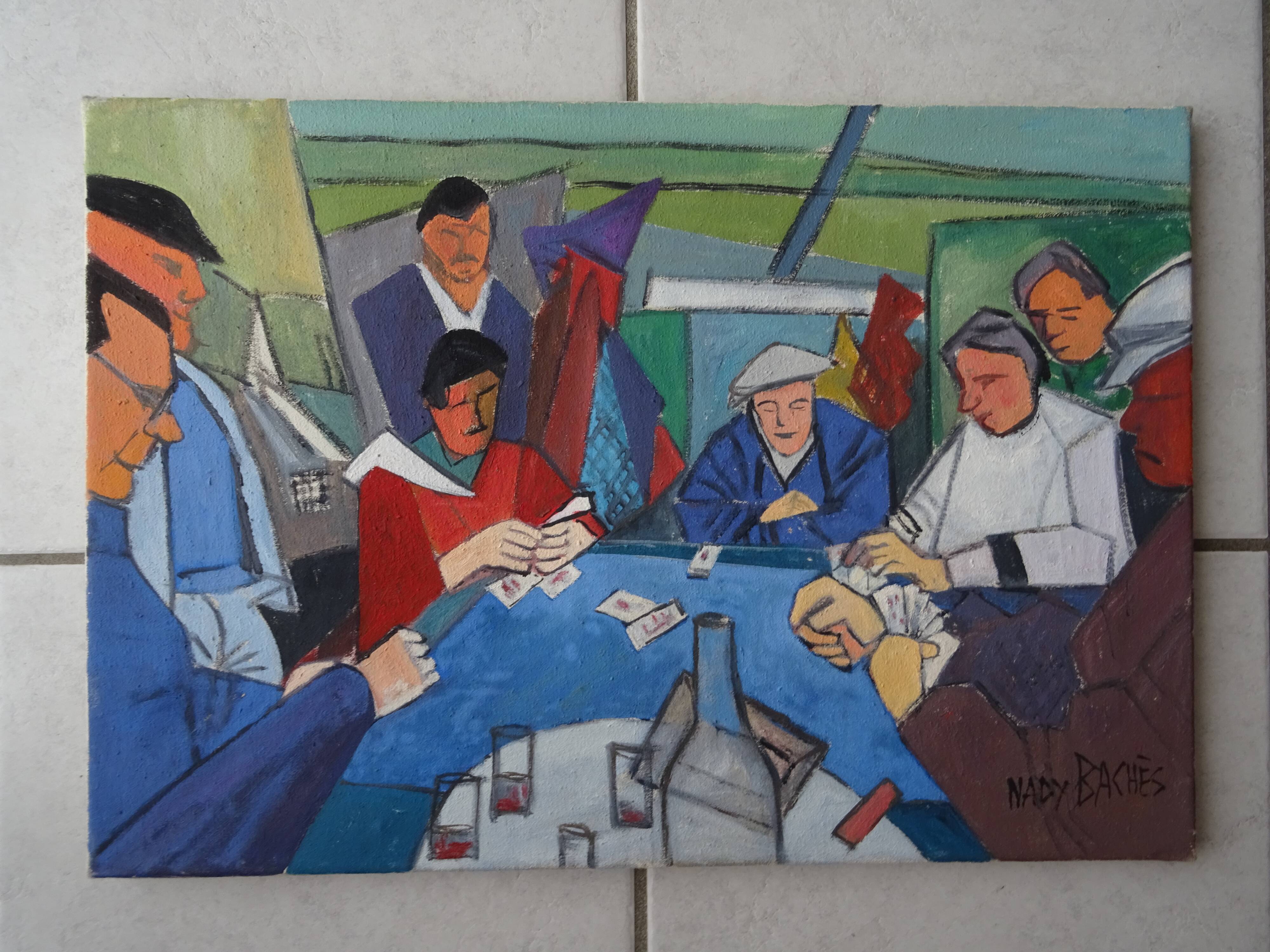 Painting The Card Players Canvas signed Nady Bachès year 60/70