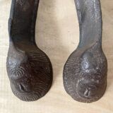 Pair of modernist anthropomorphic fireplace andirons, brutalist log holders 1950s