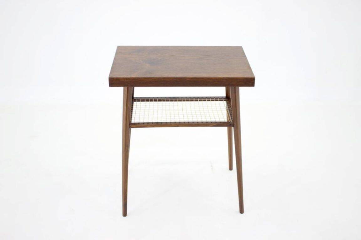1960s Mid-Century Czech Oak Side Table with Woven Magazine Shelf