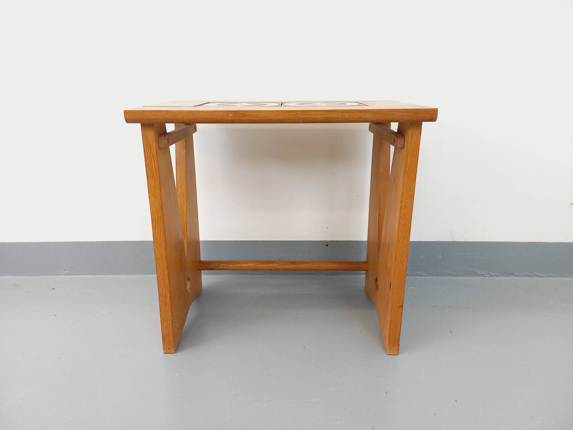Vintage Guillerme and Chambron coffee and side table in solid oak and ceramic from the 50s and 60s