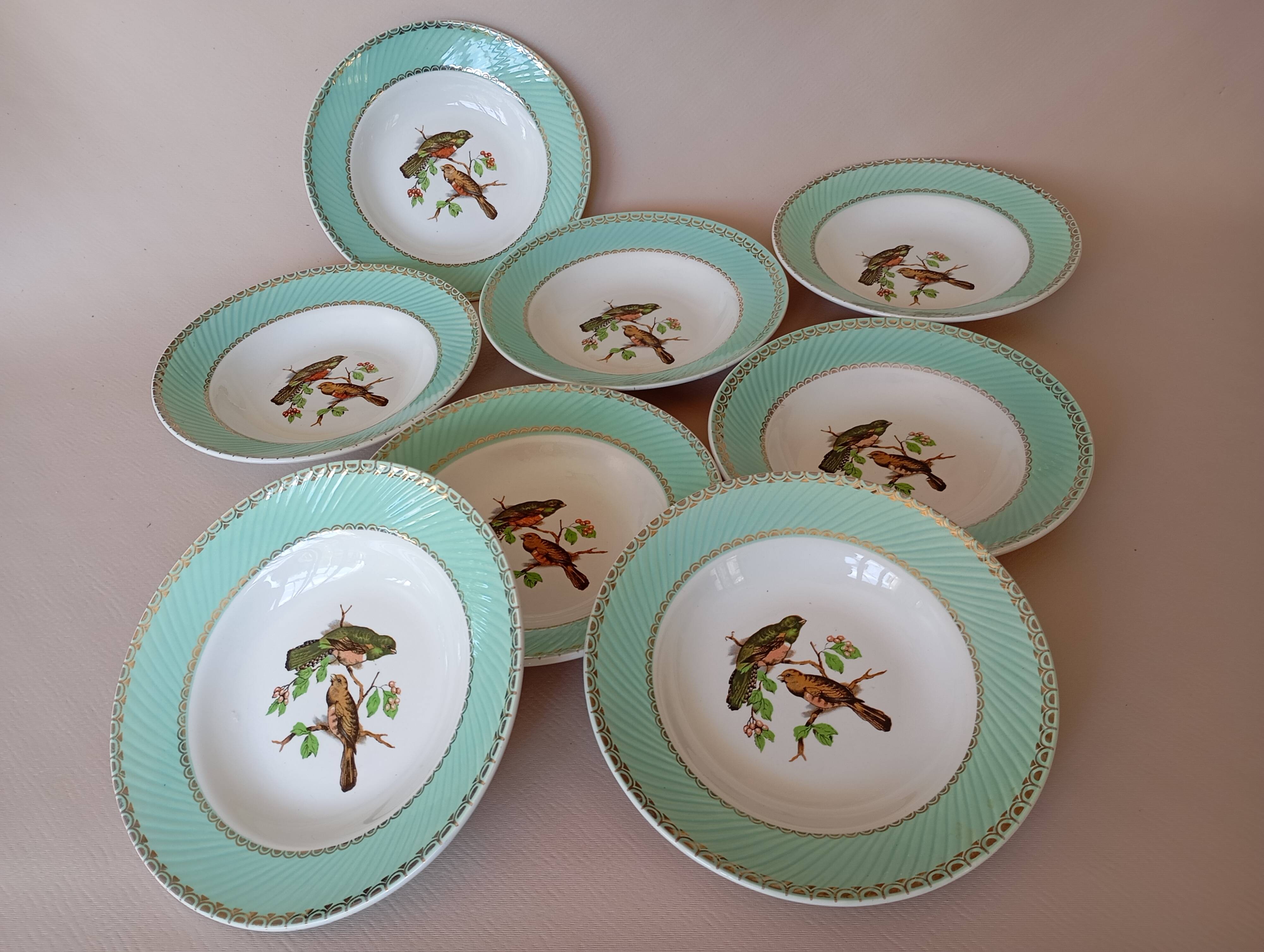 8 soup plates Fenal Badonviller "Birds" vintage 1950s