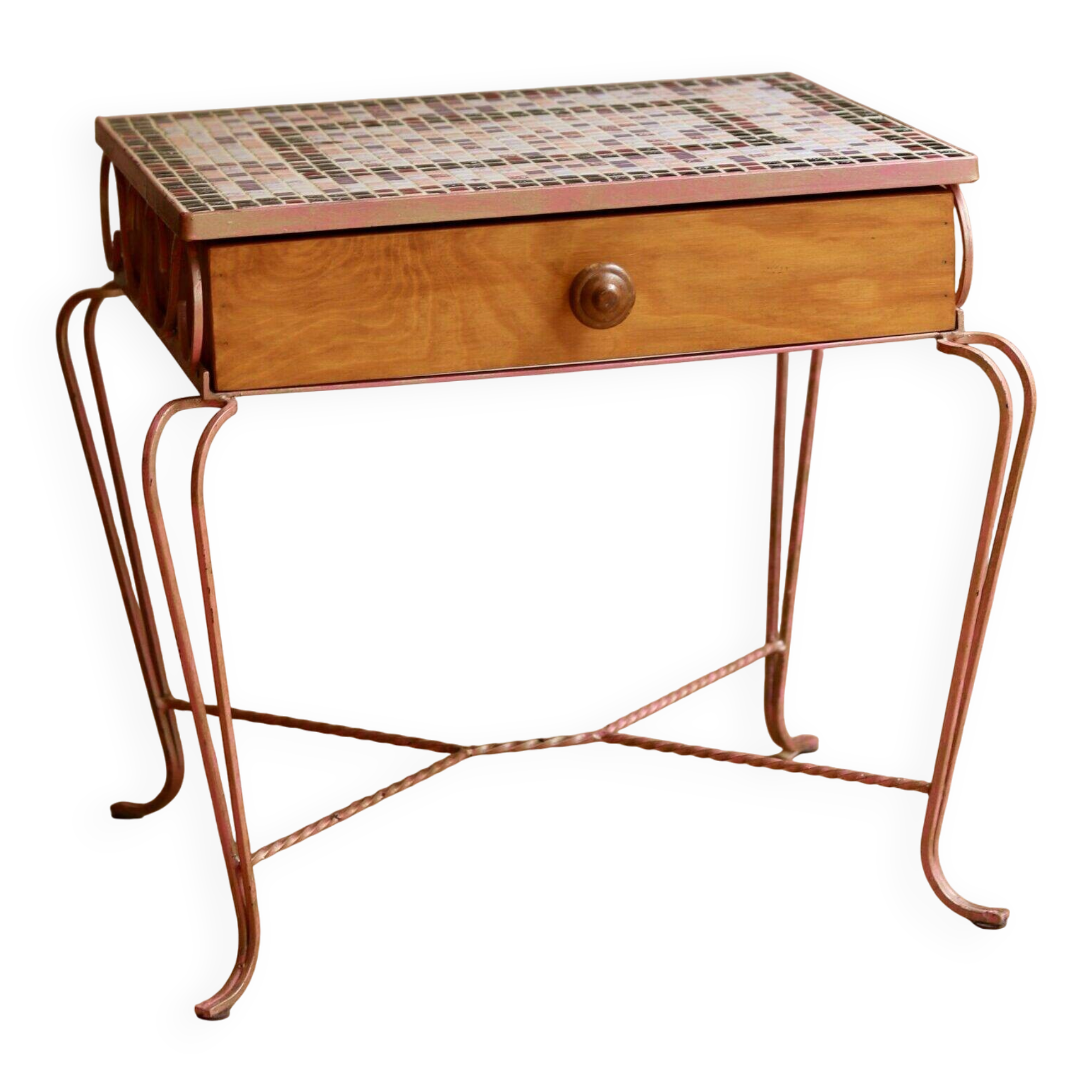 Small side table in wrought iron and mosaic, 1950s-60s.