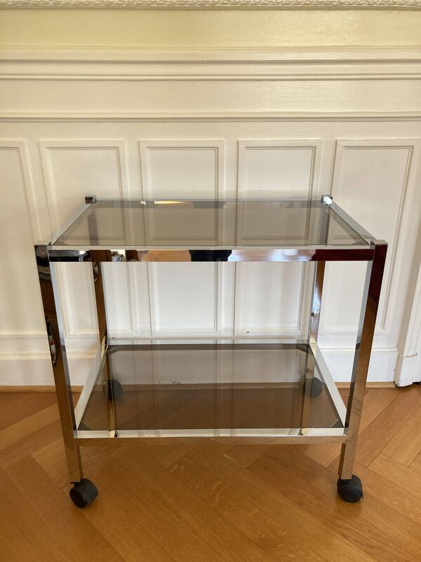 Desserte roulettes chrome et verre fumé années 80