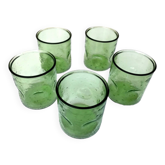 1970s (lot 3) 5 orangeade glasses Bubbled and coloured glass