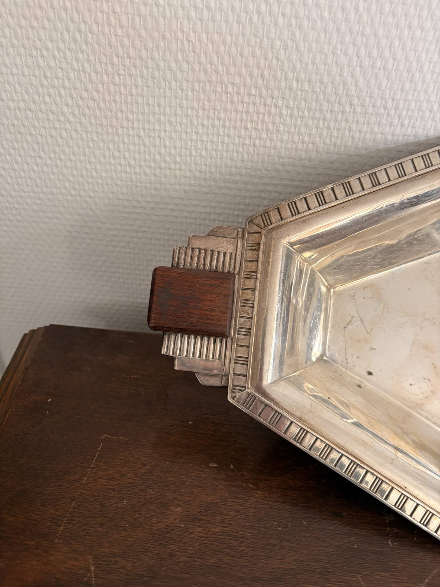 Plateau Flat Basket Bread Fruit Vegetable Art Deco Silver Metal