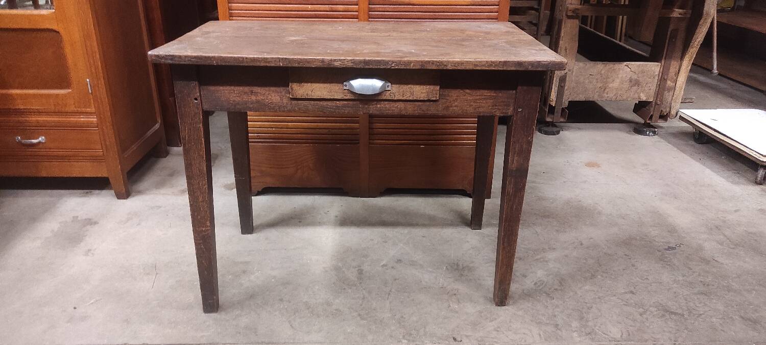 Small rustic children's table in old oak wood with drawer and shell handle