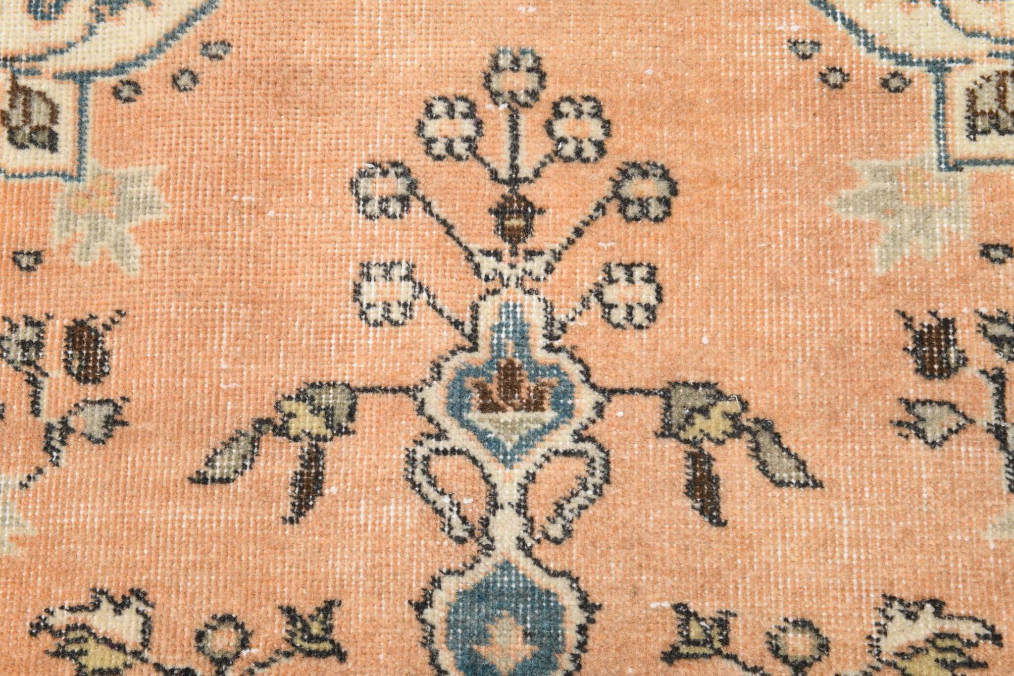 Vintage Peach Oriental Rug, Faded Petrol Blue Border, Soft Handmade Carpet