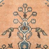 Vintage Peach Oriental Rug, Faded Petrol Blue Border, Soft Handmade Carpet