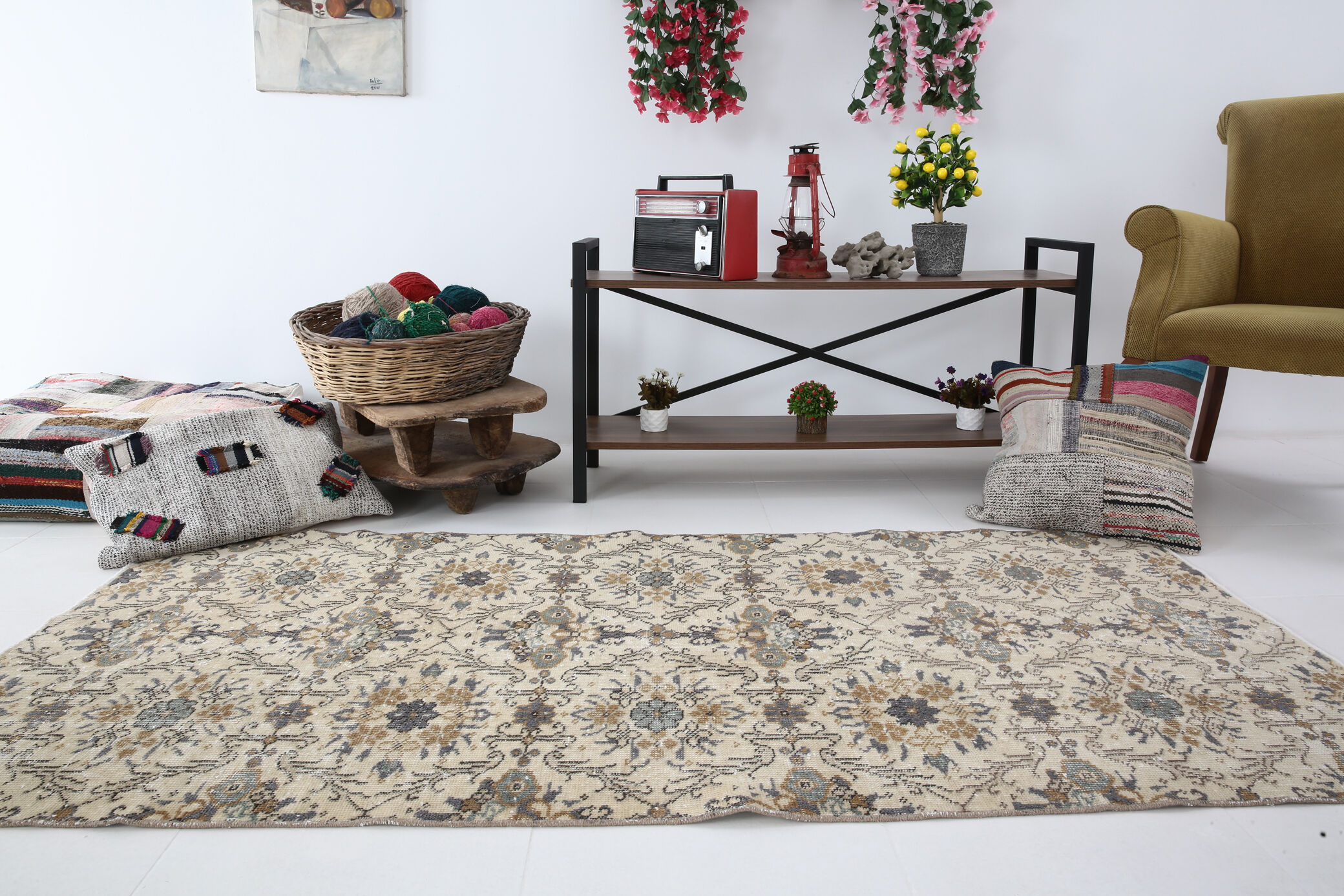 Dark gray & beige vintage rug, 206x102 cm