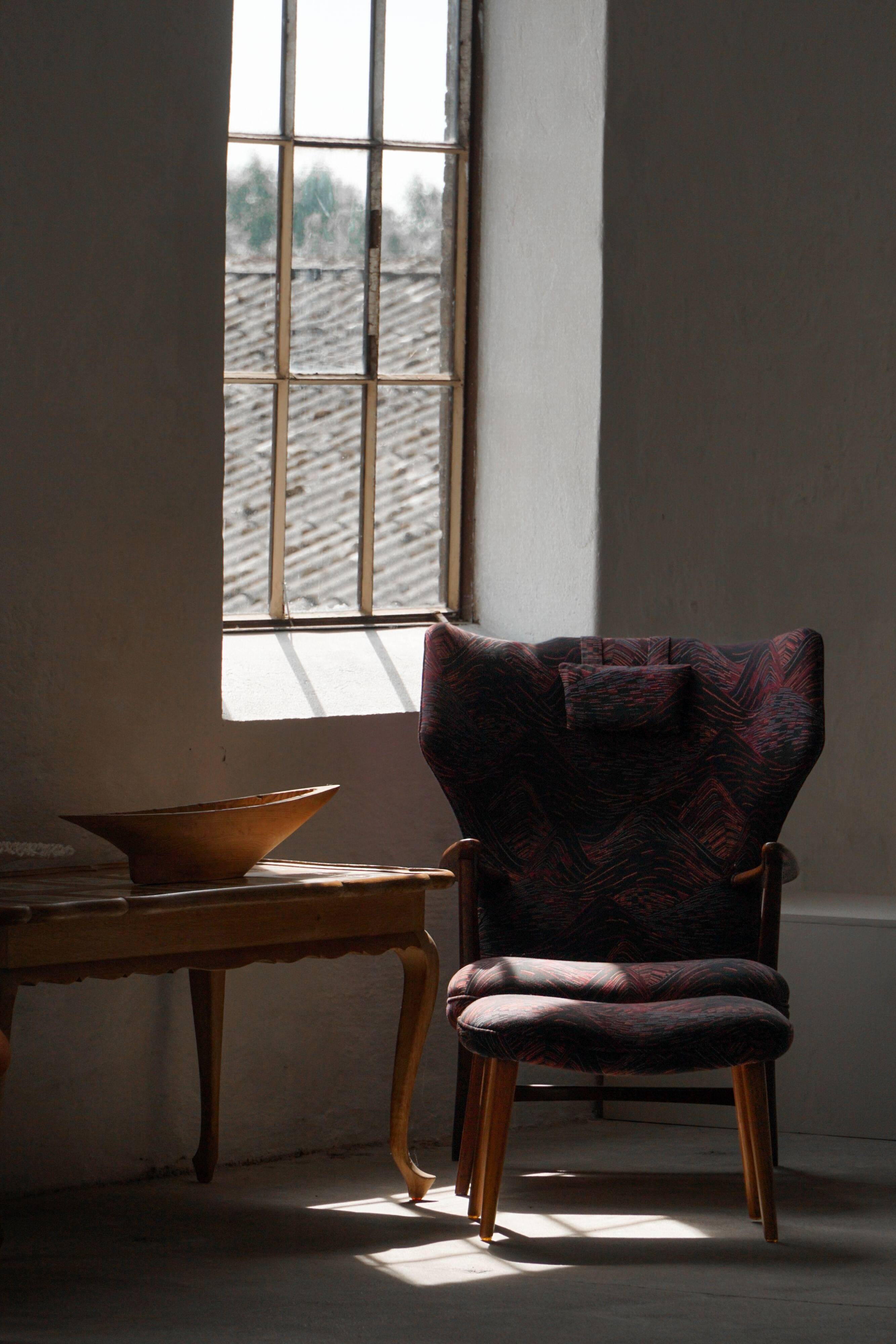 Madsen & Schubell, accent chair and stool in teak, reupholstered, 1950s