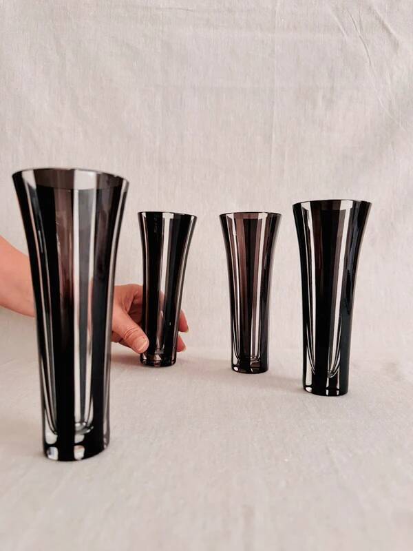 4 vintage champagne flutes in clear and black crystal glass