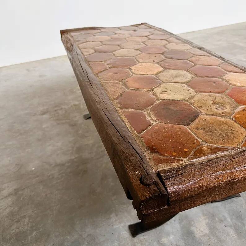 Vintage French Coffee Table in Terracotta with Oak and Iron Legs, Mid-20th Century