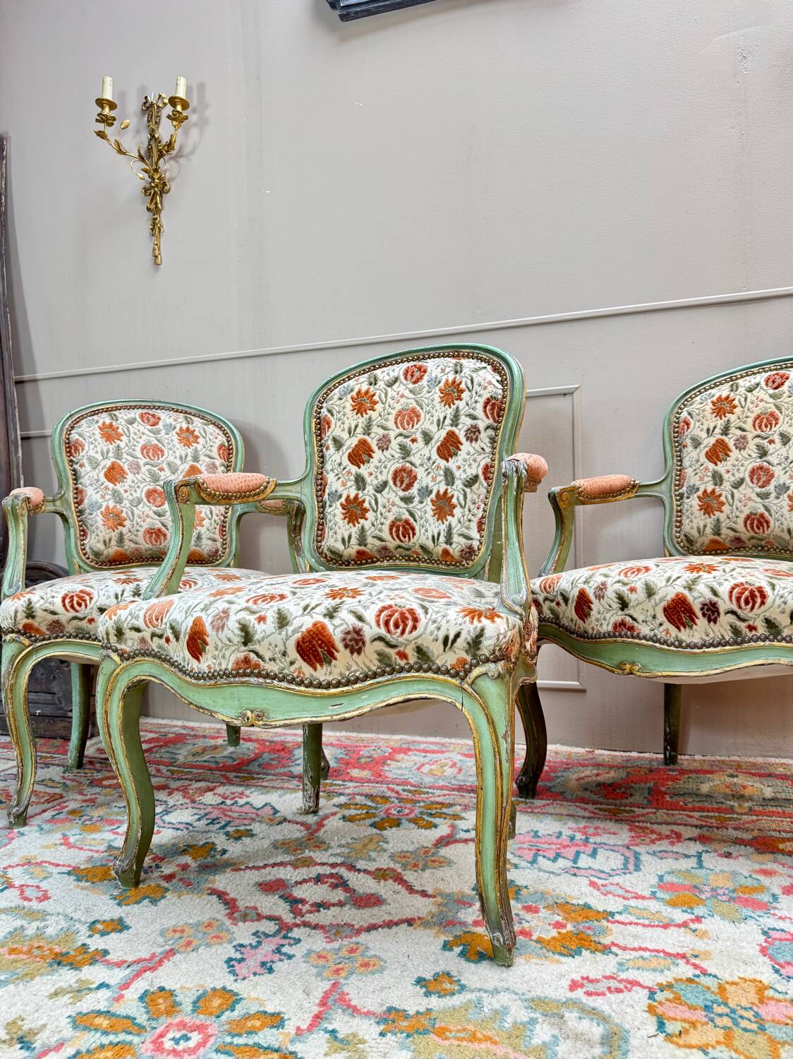 Set of Three Louis XV Style Lacquered Wood Armchairs, 19th Century
