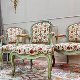 Set of Three Louis XV Style Lacquered Wood Armchairs, 19th Century