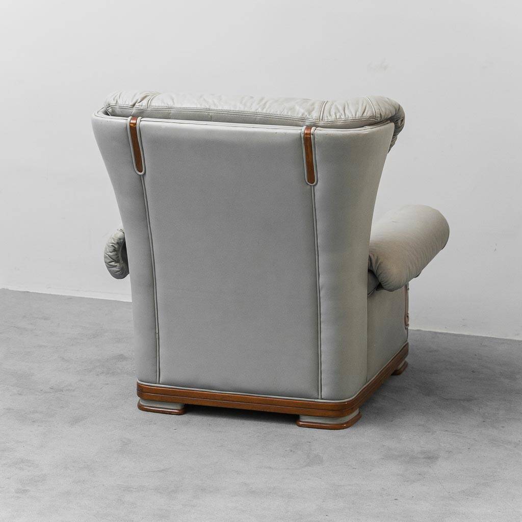Pair of vintage armchairs in grey leather and wood, 1950s modernism